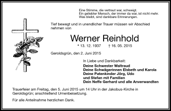 Traueranzeige von Werner Reinhold von Frankenpost