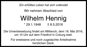 Traueranzeige von Wilhelm Hennig von Neue Presse Coburg