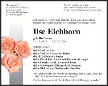Traueranzeige von Ilse Eichhorn von Südthüringer Presse