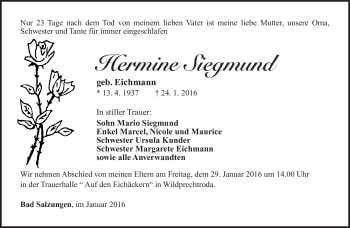 Traueranzeige von Hermine Siegmund von Südthüringer Presse