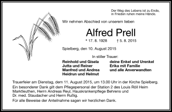 Traueranzeige von Alfred Prell von Frankenpost