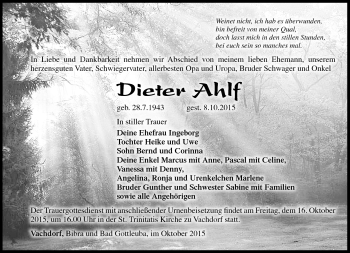 Traueranzeige von Dieter Ahlf von Südthüringer Presse
