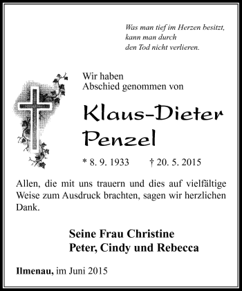 Traueranzeige von Klaus-Dieter Penzel von Südthüringer Presse
