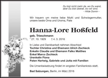Traueranzeige von Hanna-Lore Hoßfeld von Südthüringer Presse