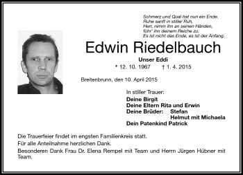 Traueranzeige von Edwin Riedelbauch von Frankenpost