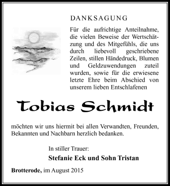 Traueranzeige von Tobias Schmidt von Südthüringer Presse