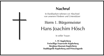 Traueranzeige von Hans Joachim Hösch von Frankenpost