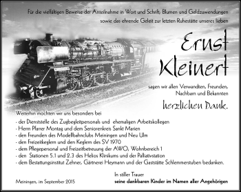 Traueranzeige von Ernst Kleinert von Südthüringer Presse
