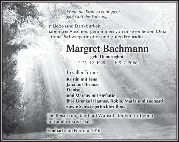 Traueranzeige von Margret Bachmann von Südthüringer Presse