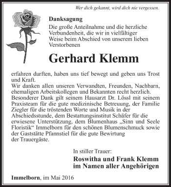 Traueranzeige von Gerhard Klemm von Südthüringer Presse
