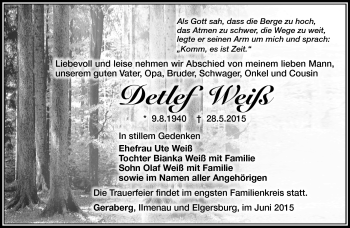 Traueranzeige von Detlef Weiß von Südthüringer Presse