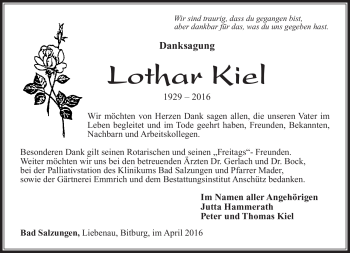 Traueranzeige von Lothar Kiel von Südthüringer Presse
