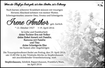 Traueranzeige von Irene Amthor von Südthüringer Presse