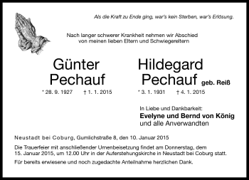 Traueranzeige von HildegardGünter PechaufPechauf von Neue Presse Coburg