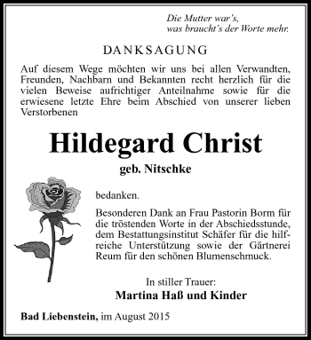 Traueranzeige von Hildegard Christ von Südthüringer Presse