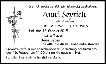 Traueranzeige von Anni Seyrich von Frankenpost