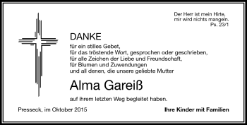 Traueranzeige von Alma Gareiß von Frankenpost