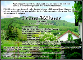 Traueranzeige von Irene Röhner von Südthüringer Presse