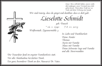 Traueranzeige von Lieselotte Schmidt von Frankenpost