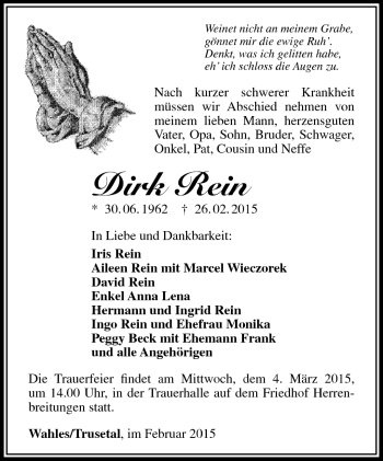 Traueranzeige von Dirk Rein von Südthüringer Presse