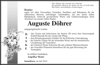 Traueranzeige von Auguste Döhrer von Südthüringer Presse