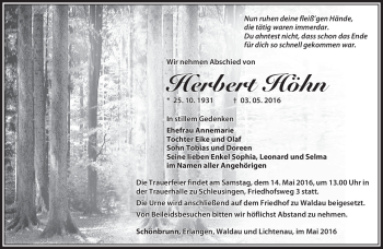 Traueranzeige von Herbert Höhn von Südthüringer Presse