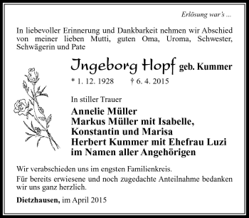 Traueranzeige von Ingeborg Hopf von Südthüringer Presse