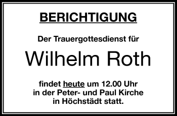 Traueranzeige von Wilhelm Roth von Frankenpost