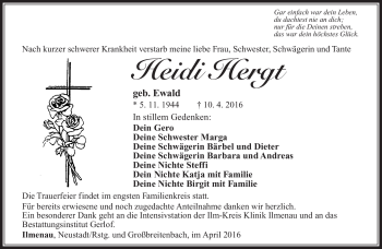Traueranzeige von Heidi Hergt von Südthüringer Presse