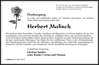 Traueranzeige von herbert Malisch von Südthüringer Presse