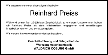 Traueranzeige von Reinhard Preiss von Neue Presse Coburg