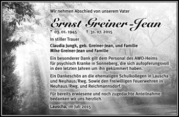 Traueranzeige von Ernst Greiner-Jean von Südthüringer Presse