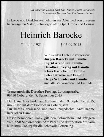 Traueranzeige von Heinrich Barocke von Neue Presse Coburg