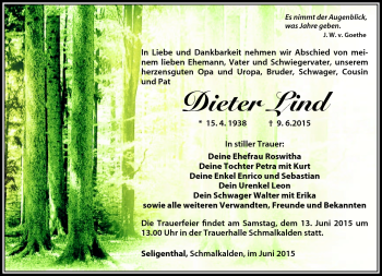Traueranzeige von Dieter Lind von Südthüringer Presse