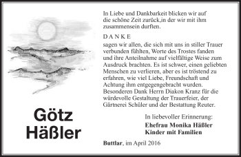 Traueranzeige von Götz Häßler von Südthüringer Presse