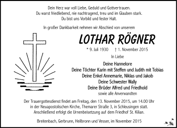 Traueranzeige von Lothar Rögner von Südthüringer Presse