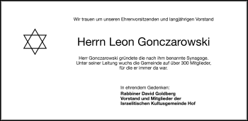 Traueranzeige von Leon Gonczarowski von Frankenpost
