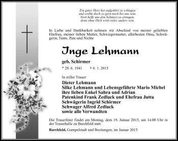 Traueranzeige von Inge Lehmann von Südthüringer Presse