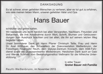 Traueranzeige von Hans Bauer von Neue Presse Coburg
