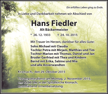 Traueranzeige von Hans Fiedler von Neue Presse Coburg