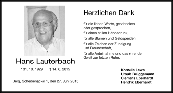 Traueranzeige von Hans Lauterbach von Frankenpost