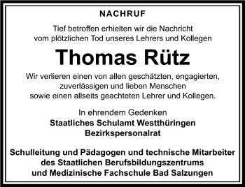 Traueranzeige von Thomas Rütz von Südthüringer Presse