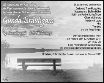Traueranzeige von Gunda Bräutigam von Südthüringer Presse