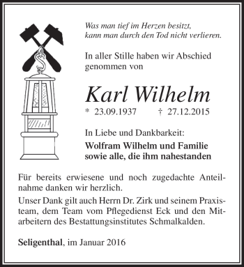 Traueranzeige von Karl Wilhelm von Südthüringer Presse