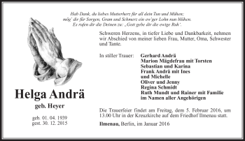 Traueranzeige von Helga Andrä von Südthüringer Presse