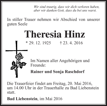 Traueranzeige von Theresia Hinz von Südthüringer Presse