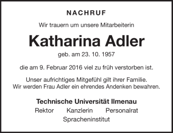Traueranzeige von Katharina Adler von Südthüringer Presse