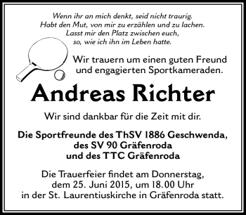 Traueranzeige von Andreas Richter von Südthüringer Presse