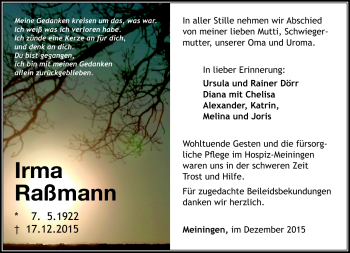 Traueranzeige von Irma Raßmann von Südthüringer Presse