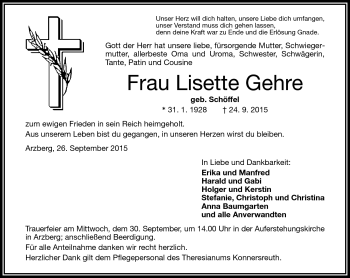 Traueranzeige von Lisette Gehre von Frankenpost